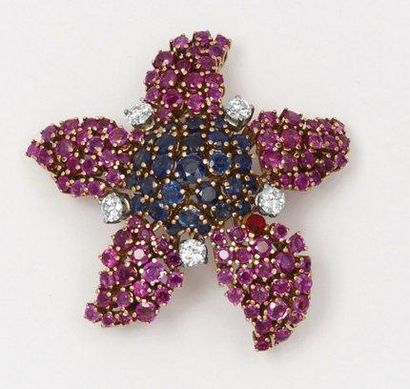 null Broche «Étoile de mer» en or jaune entièrement sertie de saphirs, rubis et diamants...