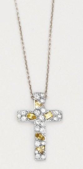POMELLATO Chaîne et pendentif «Croix» en or gris serti de saphirs jaunes et de diamants...