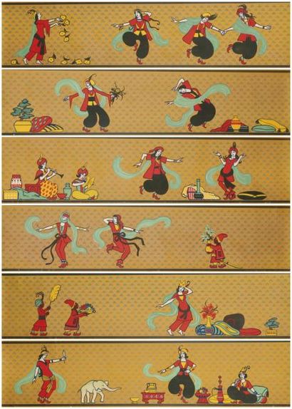 null Six frises murales polychromes représentant les femmes dansant, recevant fruits...