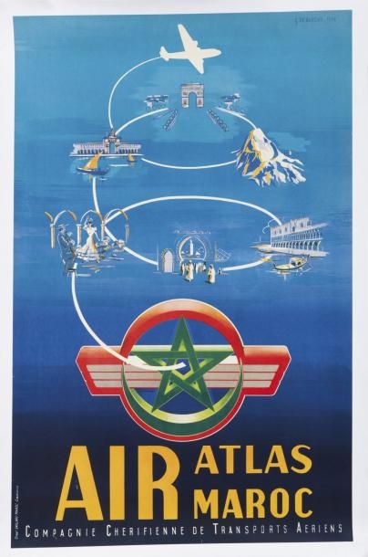 DEBUREAU (G.) Air Atlas Maroc. Casablanca, Gaillard, 1954. Dim. 64x100 cm. Entoi...