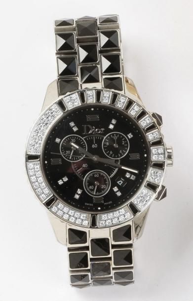 CHRISTIAN DIOR CHRISTAL Bracelet montre chronographe en acier et céramique noire....
