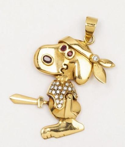 null Pendentif «Snoopy» articulé en or jaune orné de rubis et diamants taillés en...