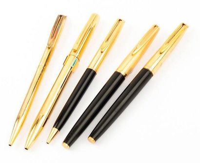 WATERMAN Lot de 2 stylos à plume et 3 stylos à bille en métal doré