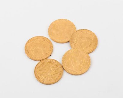 null Cinq pièces de 20 Francs Français en or. P. 32g