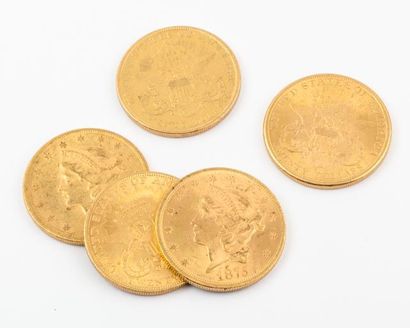 null Lot de cinq pièces de 20 Dollars US en or. P. 167g