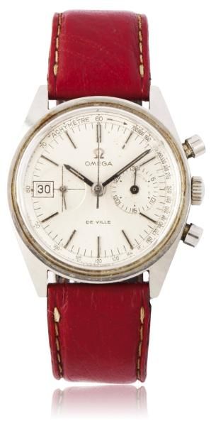 OMEGA DE VILLE vers 1950 Beau chronographe bracelet en acier. Boîtier rond, fond...