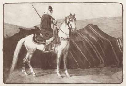 Paul JOUVE (1878-1973) Cavalier Arabe devant une tente. 1911 Lithographie originale...