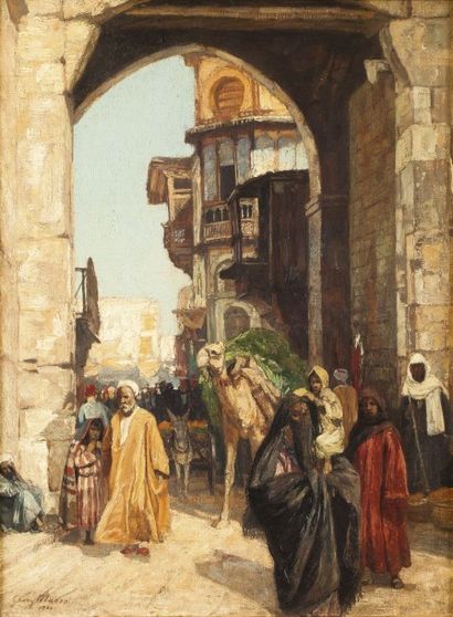 Georg MACCO (1863-1933) Rue animée au Caire Huile sur toile, signée en bas à gauche...