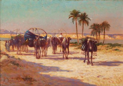 Alexis DELAHOGUE (1867-1953) Caravane sur les bords de l'oued Bayech, le soir à Gafsa...