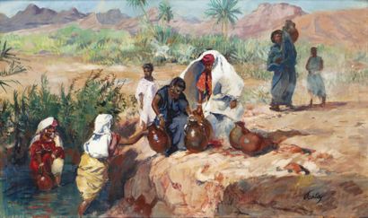 Henri PONTOY (1888-1968) Porteuses d'eau au bord de l'Oued Huile sur toile, signée...