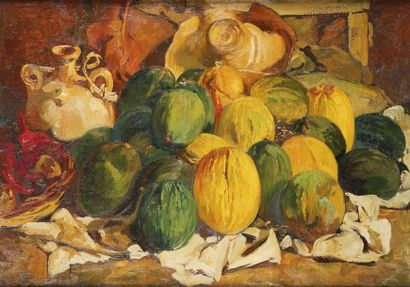 Léon CAUVY (1847-1933) Nature morte aux pastèques et melons d'eau Huile sur toile,...