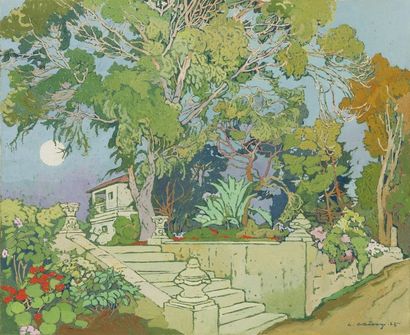 Léon CAUVY (1874-1933) Villa sur les hauteurs d'Alger Gouache, signée en bas à droite...