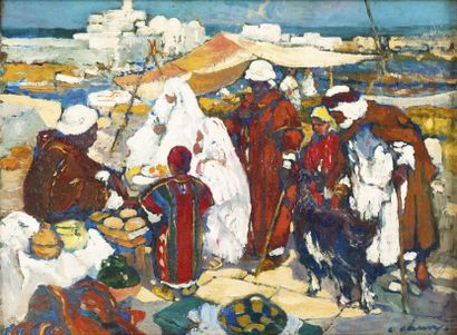 Léon CAUVY (1874-1933) Marché devant l'Amirauté Huile sur panneau, signée en bas...