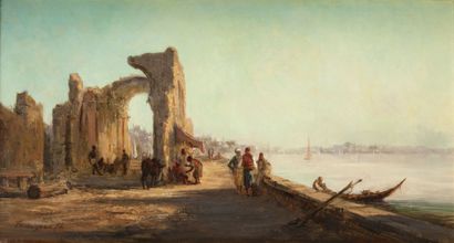 Paul BISTAGNÉ (1850-1886) Personnages sur les rives du Nil (?) Huile sur toile signée...