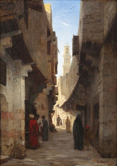 Louis-Claude MOUCHOT (1830-1891) Rue animée au Caire Huile sur toile, signée et datée...