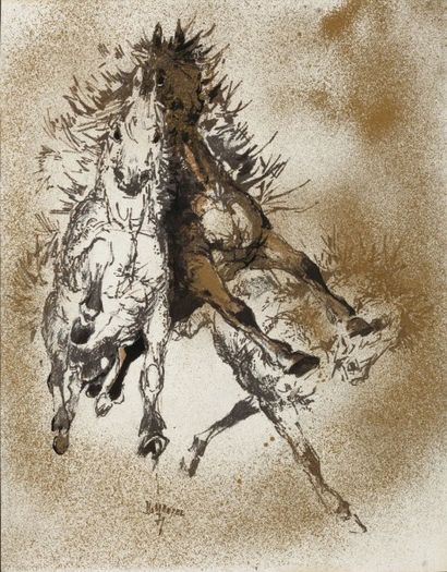 Jean-Gaston MANTEL (1914-1995) Trois chevaux Crayon, encre et poudre d'or, signée...