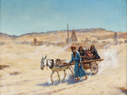 Maxime DASTUGUE (1851 - 1909) Famille aux abords d'une ville dans le désert. Huile...