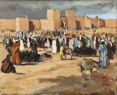 MARCEL DYF (1899-1985) Marché aux chèvres, Maroc Huile sur toile, signée en bas à...