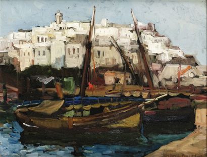 Dirk JANSEN (1878 - 1952) Voiliers dans le port de Tanger. Huile sur panneau, signée...