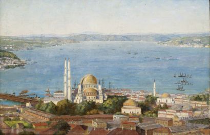 H MARSTAFF (XIXème siècle) Vue panoramique du Bosphore Huile sur toile, signée en...