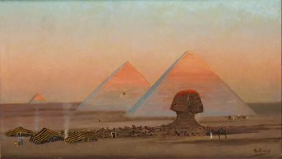 Richard FUCHS (1852-?) Soleil couchant sur les pyramides Huile sur panneau, signé...