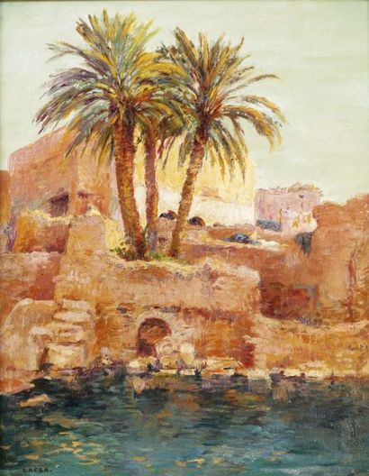Eugène Delahogue (1867-1934) Vue de l'Oasis à Gafsa Huile sur toile, non signée et...