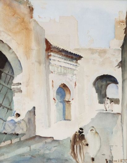 SCHMIDT (XIXème - XXème siècle) Fontaine dans la Casbah, Maroc Aquarelle, signée...