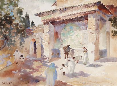 SCHMIDT (XIXème - XXème siècle) Ruelle animée dans la Casbah, Maroc Aquarelle, signée...