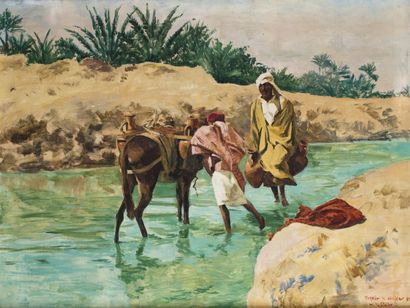 William STUHR (1882-1958) Porteur d'eau dans l'oasis de Tozeur Huile sur toile signée...