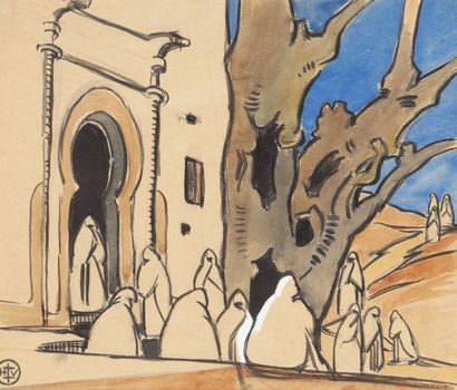 Hélène VOGT (1902 - 1994) Devant la mosquée Aquarelle, monogrammée en bas à gauche....