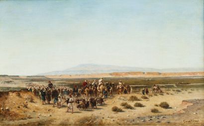 Narcisse BERCHERE (1819-1891) La caravane en marche dans le désert Huile sur toile,...