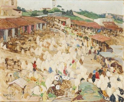 Grace RAULIN (1873-1956) Marché à Tanger Huile sur toile, signée en bas à gauche...
