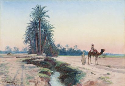 Emile BOIVIN (1846-1920) Aux abords de l'Oasis. Huile sur toile, signée en bas à...