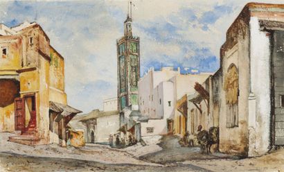 Georges CLAIRIN (1843-1919) Mosquée des Isawia, Tanger, Aquarelle sur papier, signée...