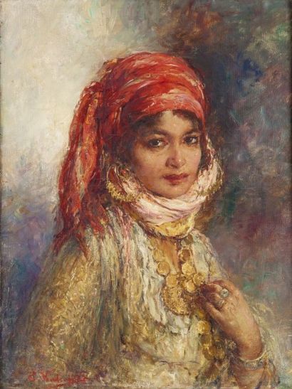 Edouard verschaffelt (1874 - 1955) Portrait de jeune fille au foulard rouge Huile...