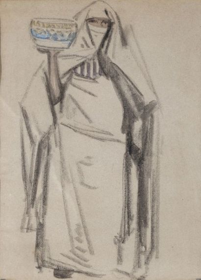 Henri HOURTAL (1877 - 1944) Retour du marché Fusain et aquarelle. 30 x 22 cm (Petite...
