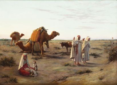 José ALSINA (XIX-XXème) Prière dans le désert Huile sur toile, signée en bas à droite....