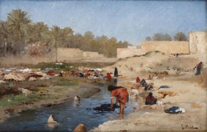 Gustave PINEL (1842-1896) Laveuses à l'oasis Huile sur toile, signée en bas à droite....