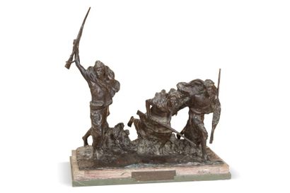 BICATTA (XXème siècle) Trois guerriers Epreuve en bronze à patine brune. Socle en...