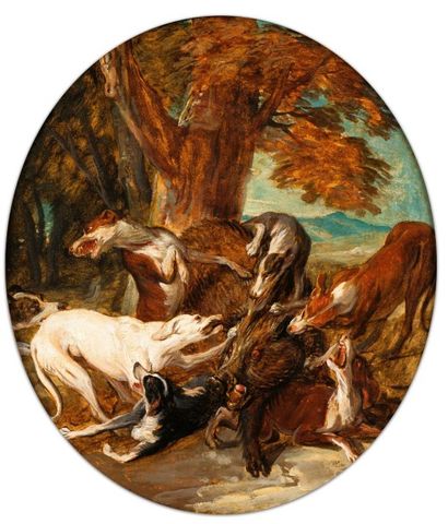 Alexandre-François DESPORTES (1661- 1743) Un sanglier forcé par des chiens Papier...