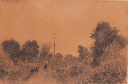 ALBERT LEBOURG (1849-1928) « Promeneuse et son chien dans la campagne » Crayon, signé...