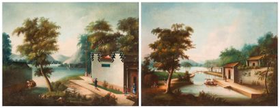 null Deux peintures formant pendant sur lesquelles sont représentées des scènes paysagées...