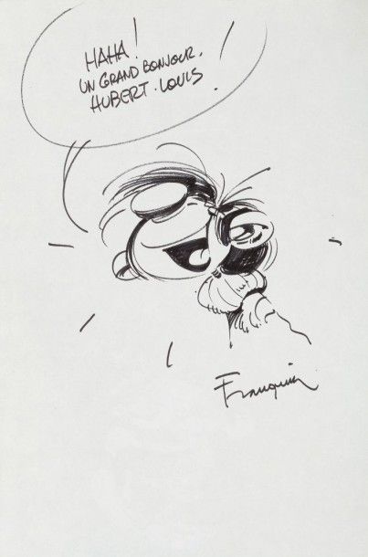 FRANQUIN Beau dessin original signé exécuté par Franquin sur l'album «En direct de...