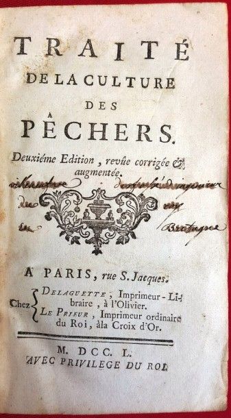 [COMBES (de)] Traité de la culture des pêchers. Paris, Delaguette et Le Prieur, 1750,...