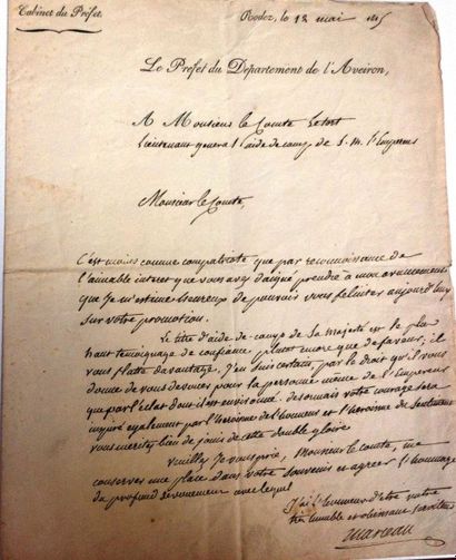 null [AVEYRON]. Lettre autographe signée par le Préfet de l'Aveyron, Nicolas Séverin...