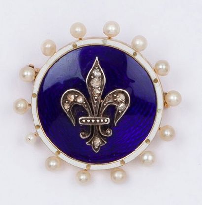 null Broche en or jaune émaillé bleu et blanc ornée d'une fleur de lys sertie de...