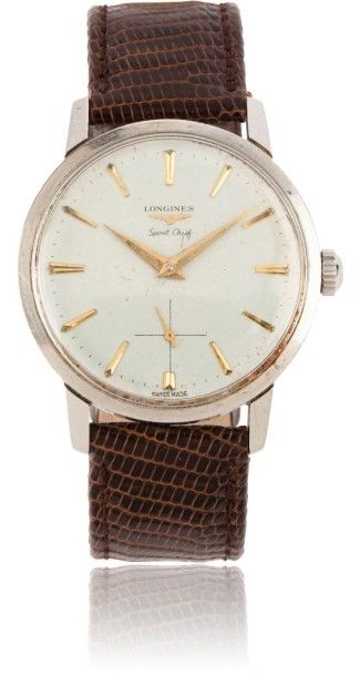 LONGINES Sport Chief vers 1960. Montre bracelet en acier. Boitier rond, fond vissé....