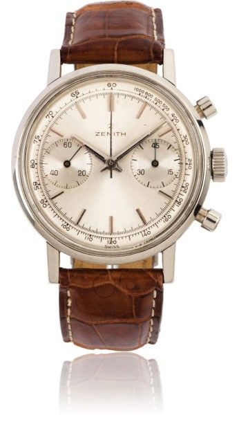 ZENITH vers 1950 Rare et beau chronographe bracelet en acier. Boitier rond, fond...