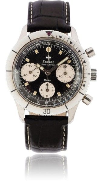 ZODIAC Sea-chron vers 1960. Rare chronographe bracelet en acier. Boitier rond, fond...