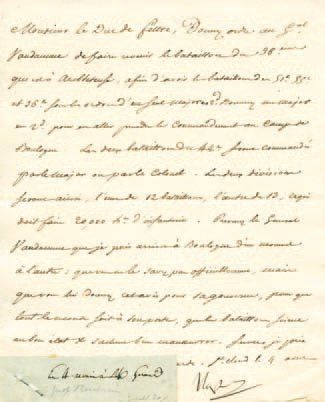 null Relative au Camp de Boulogne. Lettre signée Nap., adressée au Duc de Feltre....
